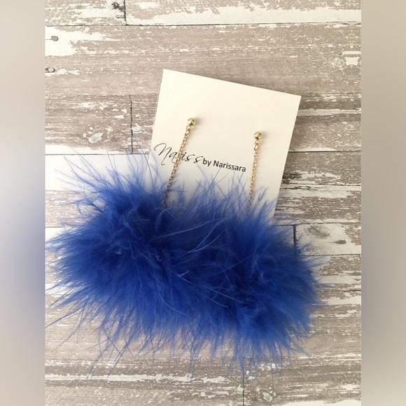 Royal Blue Fluffy Feather Gold Chain Earrings - Picture 2 of 2